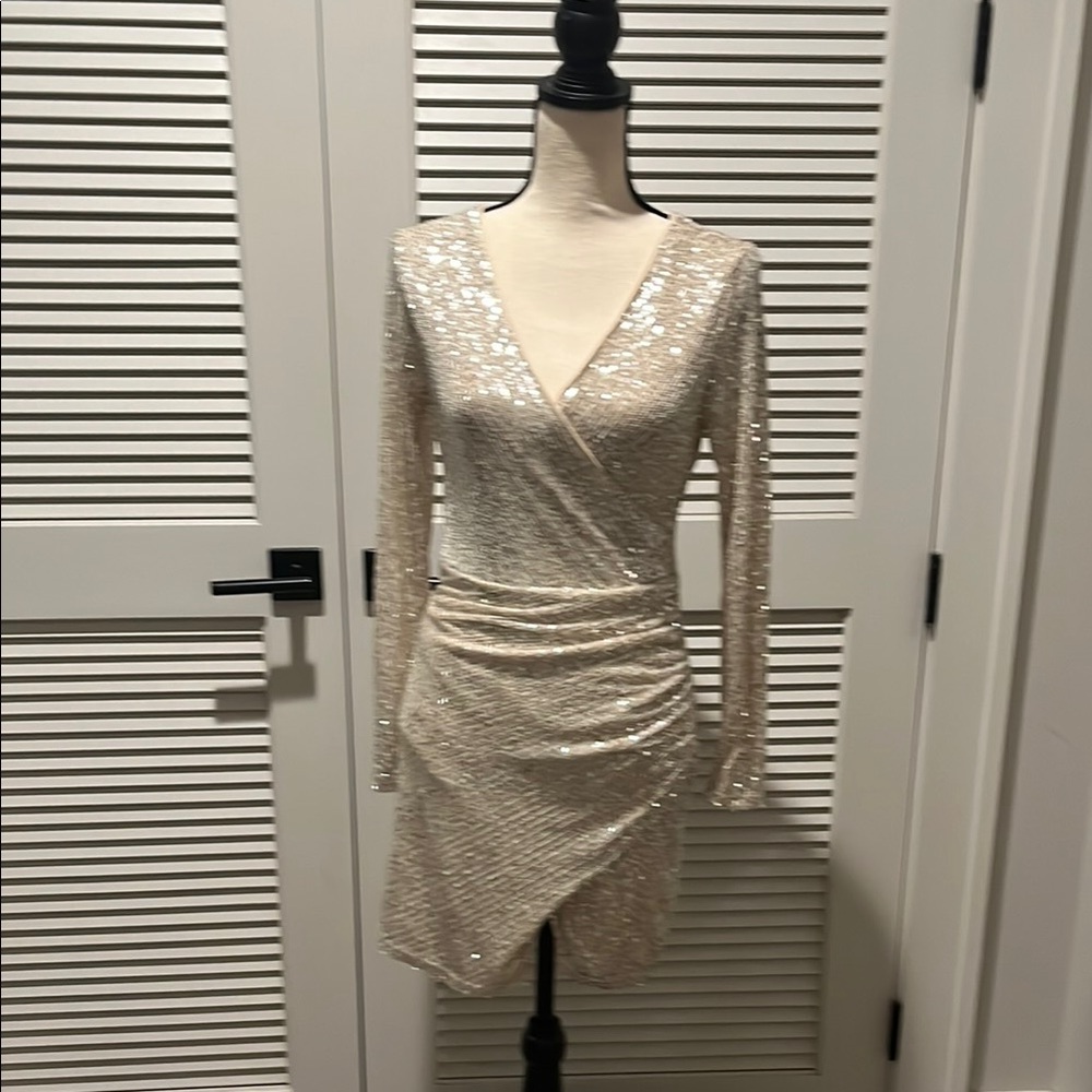 Main Strip Cream Asymmetrical Ruched Wrap Dress